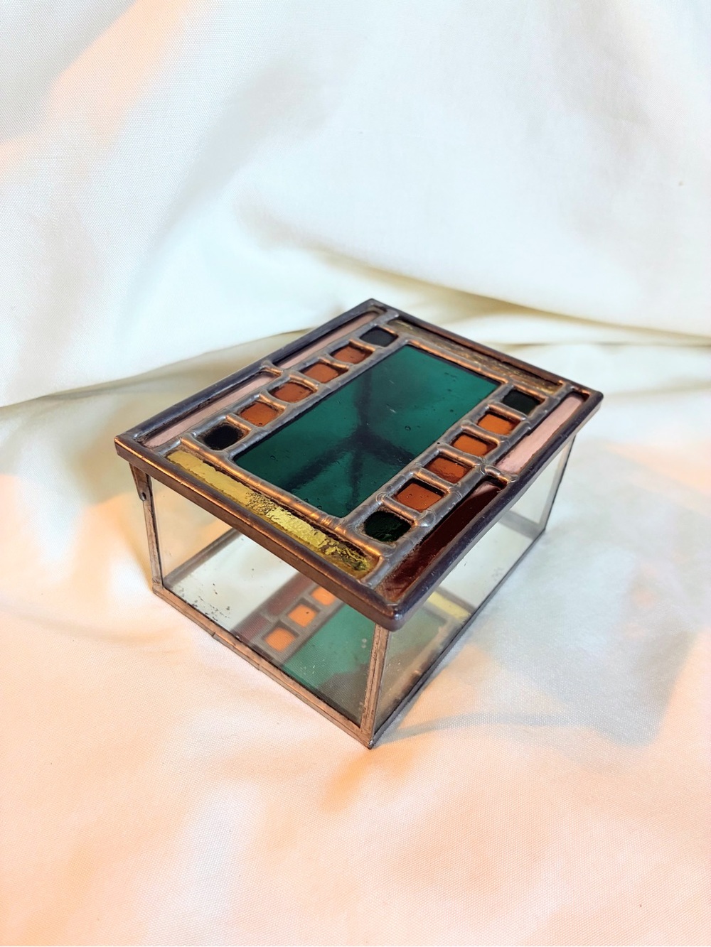 Vintage Stained Glass Trinket Box W Mirror Bottom Hinged Lid